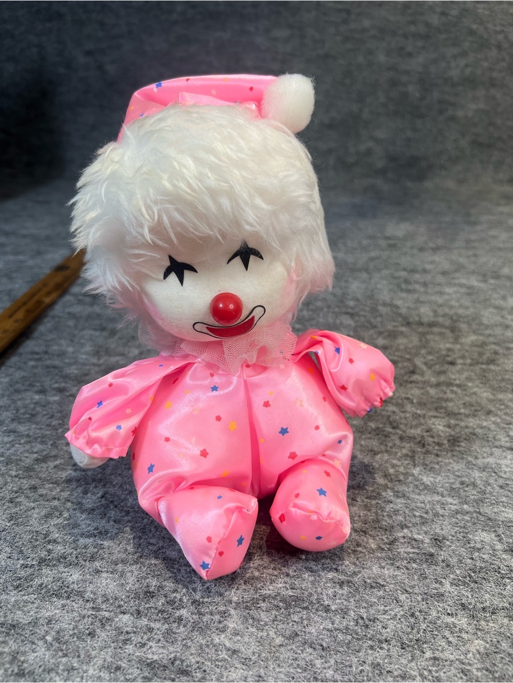 Vintage Wind Up Musical Clown Plush Toy 80s pink stars